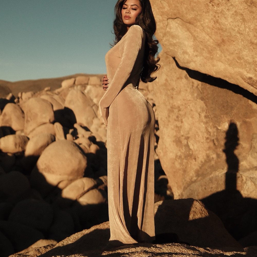 New Long Sleeve Beige Maxi Dress S/M/L